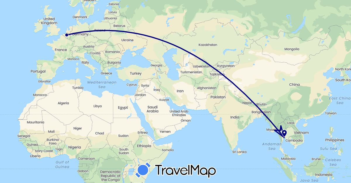 TravelMap itinerary: driving in Belgium, Myanmar (Burma), Thailand (Asia, Europe)